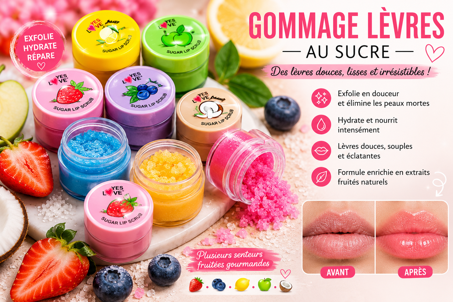 Gommage pour lèvres au sucre fruité