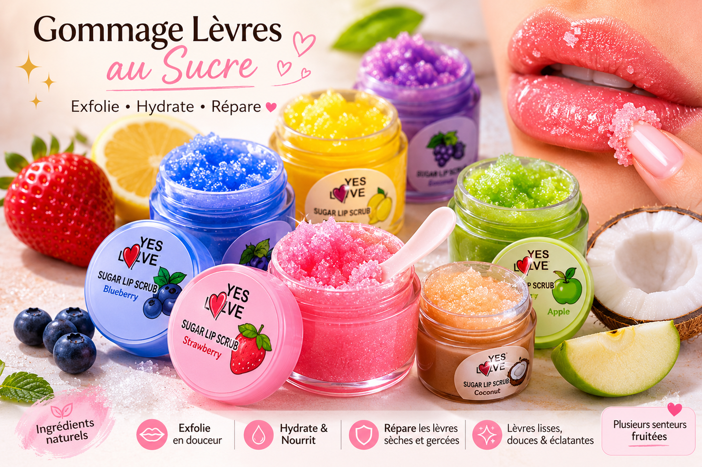 Gommage pour lèvres au sucre fruité